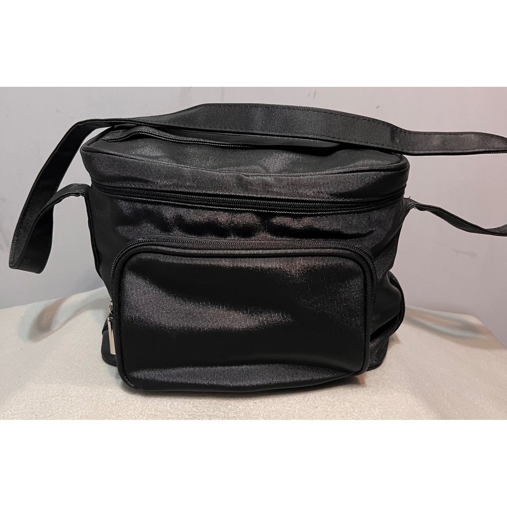 Celebrity Black Ribbed Nylon Travel Vanity Bag Leopard Print, Shoulder Strap